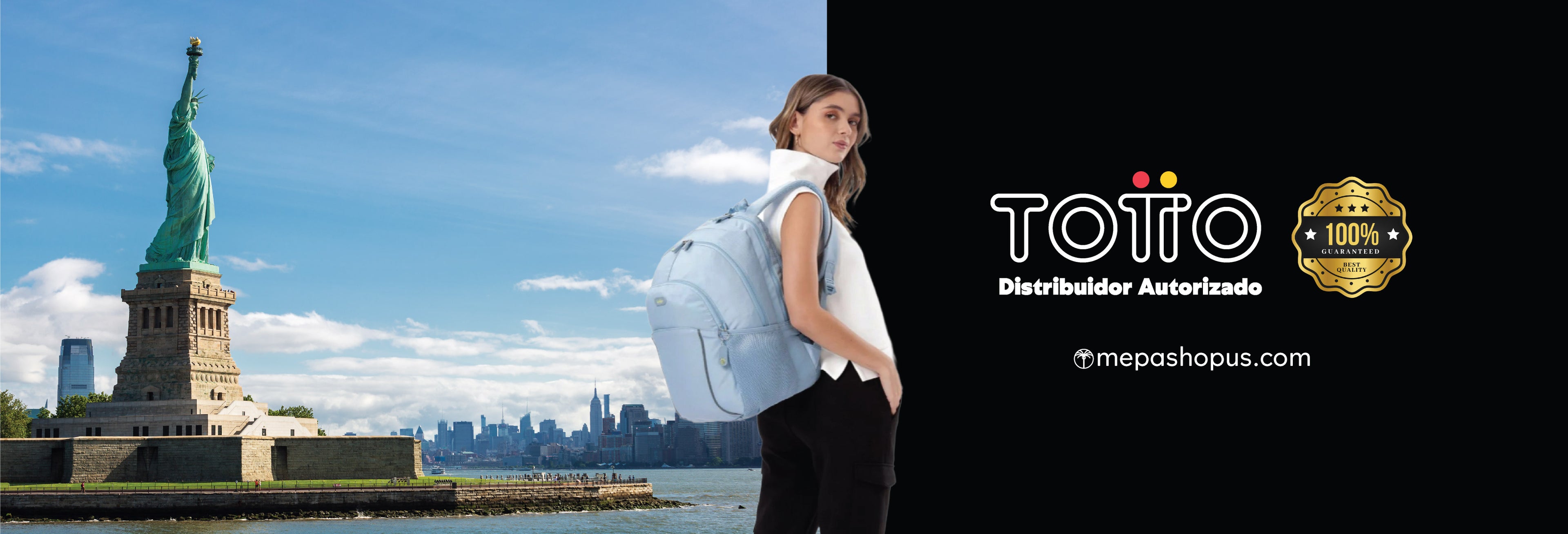 Woman with a backpack standing in front of the Statue of Liberty with Totto branding on a black background.