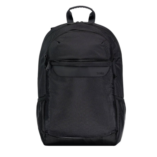 Black backpack on a white background
